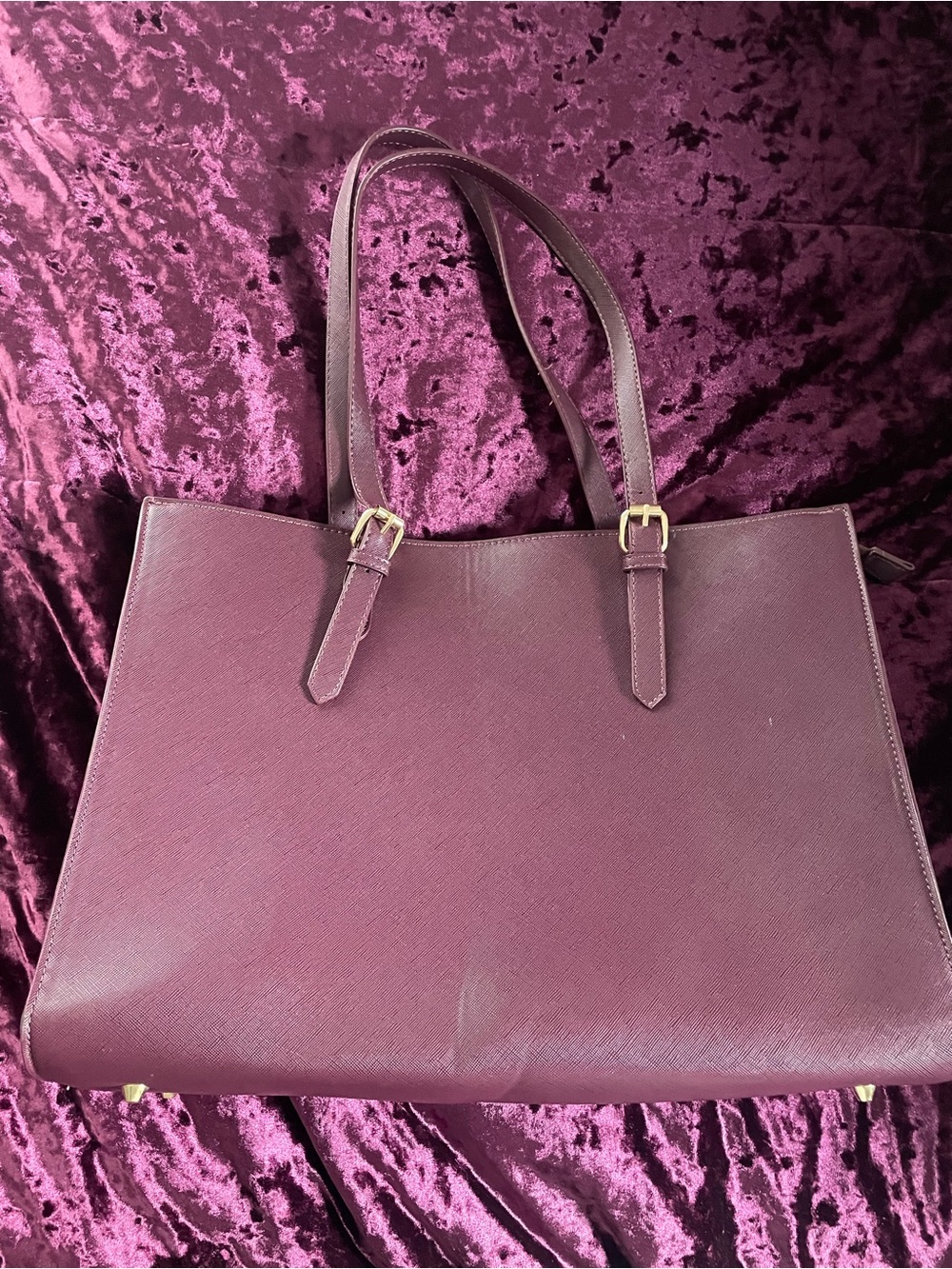 Women's Plum Leather Tote Bag - Elegant Everyday Shoulder Bag Built In Charger